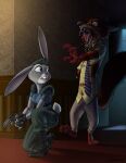  anthro bhawk blood bodily_fluids canid canine capcom clothed clothing crossover disney female fox fur gore grey_body grey_fur gun holding_object holding_weapon judy_hopps lagomorph leporid male mammal missing_arm nick_wilde rabbit ranged_weapon resident_evil undead uniform video_games weapon zombie zootopia 