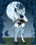  2018 anthony_(goldiescales) anthro blue_hair blue_hooves blue_necktie blue_nose bone bovid bovine cattle detailed_background full_moon goldiescales hair hooves horn male mammal moon necktie night outside solo standing story story_in_description trans_(lore) trans_man_(lore) 
