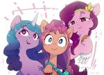  2021 blue_hair cutie_mark earth_pony equid equine female feral green_eyes group hair hasbro horn horse izzy_moonbow_(mlp) long_hair mammal my_little_pony nendo open_mouth open_smile pink_hair pipp_(mlp) pony purple_eyes purple_hair red_eyes signature smile sunny_starscout_(mlp) unicorn 