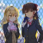  2girls bangs black_jacket blonde_hair blurry blurry_background bow bowtie box braid brown_eyes brown_hair brown_sweater collared_shirt dress_shirt eyebrows_visible_through_hair frilled_bow frilled_hair_tubes frills gift gift_box hair_between_eyes hair_bow hair_tubes hakurei_reimu highres holding holding_box jacket kirisame_marisa long_hair long_sleeves looking_at_viewer looking_away multiple_girls red_bow red_neckwear rooftop school_uniform shiny shiny_hair shirt single_braid sweater touhou upper_body valentine white_shirt wing_collar yurara_(aroma42enola) 