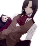  1boy absurdres ascot black_hair brown_vest collared_shirt dutch_angle hair_over_one_eye highres long_hair looking_at_viewer nijisanji red_neckwear shellin_burgundy shi_chi_41 shirt simple_background solo vest virtual_youtuber waistcoat white_background white_shirt yellow_eyes 