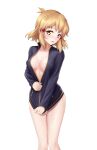  1girl aliasing areolae black_jacket blonde_hair blush bottomless breasts cleavage collarbone embarrassed hair_ornament hairclip highres jacket lacetear_blazer long_hair long_sleeves medium_breasts naked_jacket naked_track_jacket open_clothes open_jacket open_mouth partially_unzipped senki_zesshou_symphogear shiny shiny_hair simple_background solo standing tachibana_hibiki_(symphogear) thigh_gap track_jacket white_background yellow_eyes 