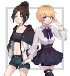  2girls alternate_costume apex_legends bangs belt black_belt black_hair black_hoodie black_skirt black_tubetop blonde_hair blue_eyes bow collared_shirt crossed_legs denim denim_shorts grey_hoodie grey_shirt hair_behind_ear hair_bun hands_in_pockets highres hood hoodie looking_to_the_side multiple_girls nose_piercing parted_bangs piercing purple_bow shirt shirt_tucked_in short_hair short_shorts shorts skirt smile strapless tem_(tem811154) thighhighs tubetop two-tone_hoodie wattson_(apex_legends) wraith_(apex_legends) 