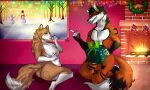  &lt;3 &lt;3_eyes anthro bedroom_eyes brown_body brown_fur canid canine canis christmas christmas_lights dick_in_a_box duo female fox fur gift_box holidays kneeling male male/female mammal narrowed_eyes red_body red_fur redrick seductive snow unknown_artist window wolf 