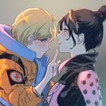  2girls apex_legends black_hair blonde_hair blue_eyes blush bodysuit from_side grey_background hair_behind_ear hair_bun jacket leaning_back leaning_forward multiple_girls nose_piercing open_mouth orange_jacket piercing pointing short_hair tamtam upper_body wattson_(apex_legends) wraith_(apex_legends) yuri 