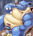  2021 anthro blastoise blue_body bodily_fluids cum genital_fluids genitals hi_res japanese_text kemono male nintendo overweight overweight_anthro overweight_male penis pok&eacute;mon pok&eacute;mon_(species) solo sweat text video_games wanisuke 