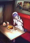  1girl :d absurdres apron bangs booth checkered cup drinking_glass drinking_straw eyebrows_visible_through_hair eyepatch food frills heart heart_hands highres long_hair looking_at_viewer maid maid_apron napkin omurice open_mouth original poster_(object) purple_eyes purple_hair sitting smile solo spoon table teeth white_legwear yelsh 