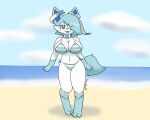  anthro beach bikini bikini_bottom bikini_top biped blue_eyes blue_hair blue_paws blue_tail blue_tongue breasts celeste_(seabass) clothing cloud eeveelution eyewear female fur glasses hair hi_res nintendo pattern_clothing pok&eacute;mon pok&eacute;mon_(species) scarf sea seabass seaside shiny_pok&eacute;mon solo standing striped_clothing stripes swimwear sylveon tongue tongue_out video_games water white_body white_fur 