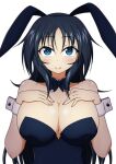  1girl animal_ears bangs black_leotard black_neckwear blue_eyes blue_hair bow bowtie breasts bunny_ears cleavage closed_mouth commentary detached_collar fake_animal_ears freckles girls_und_panzer hands_on_own_chest izumi_(izumi_p) large_breasts leotard long_hair looking_at_viewer playboy_bunny simple_background smile solo strapless strapless_leotard upper_body white_background wing_collar wrist_cuffs yamagou_ayumi 