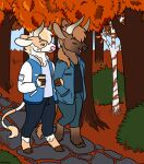  2018 anthony_(goldiescales) anthro autumn black_nose blue_clothing blue_jacket blue_topwear bovid bovine brown_hooves cattle clothed clothing cup detailed_background duo fully_clothed goldiescales hooves jacket lgbt_pride male mammal outside pink_nose plant pride_colors shrub standing topwear trans_(lore) trans_man_(lore) transgender_pride_colors tree 