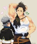  2boys ? age_difference armpits asta_(black_clover) bara bare_shoulders black_capelet black_clover black_hair black_pants blush bulge capelet facial_hair grey_hair headband kaiki_(osuppai) male_cleavage male_focus mature_male multiple_boys muscular muscular_male pants pectorals short_hair sideburns sidepec smelling_armpit stubble tank_top white_tank_top yami_sukehiro yaoi 