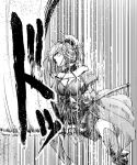  1girl breasts cleavage fate/grand_order fate_(series) greyscale holding katana koyubi_(littlefinger1988) large_breasts miyamoto_musashi_(fate) monochrome motion_lines slashing sword thighhighs weapon 