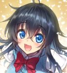 1girl ahoge bangs black_hair blue_eyes blush bow bowtie breasts crossed_bangs electricity eyebrows_visible_through_hair hair_between_eyes hisasi long_hair netoge_no_yome_wa_onna_no_ko_janai_to_omotta? official_art open_mouth red_neckwear short_sleeves simple_background solo sweater_vest tamaki_ako upper_body 