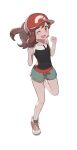  1girl ;d absurdres bangs brown_eyes brown_hair clenched_hands commentary_request elaine_(pokemon) eyelashes floating_hair green_shorts hands_up highres leg_up long_hair looking_at_viewer odd_(hin_yari) one_eye_closed open_mouth pokemon pokemon_(game) pokemon_lgpe shirt shoes short_sleeves shorts side_slit side_slit_shorts simple_background smile solo teeth tongue white_background 