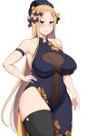  1girl abigail_williams_(fate) bangs bare_shoulders black_bow black_dress black_headwear black_legwear blonde_hair blush bow breasts china_dress chinese_clothes collarbone dantes_ward dress fate/grand_order fate_(series) forehead hair_bow hat highres large_breasts long_hair looking_at_viewer multiple_bows older orange_bow parted_bangs red_eyes sidelocks smile thighhighs thighs 