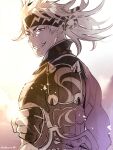 1boy blonde_hair edamameoishii fate/grand_order fate_(series) fingerless_gloves gloves headband heian_warrior_attire_(fate/grand_order) highres igote looking_at_viewer male_focus official_alternate_costume pectorals pov sakata_kintoki_(fate) short_hair smile solo spiked_hair sunlight toned toned_male upper_body 