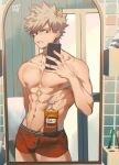  1boy abs alternate_pectoral_size aru_(arurun1231) bakugou_katsuki blonde_hair boku_no_hero_academia boxer_briefs bulge cowboy_shot erection erection_under_clothes highres holding holding_phone male_focus male_underwear mirror muscular muscular_male navel nipples pectorals phone red_eyes red_male_underwear selfie shampoo_bottle shampoo_challenge short_hair solo spiked_hair stomach thighs underwear underwear_only 