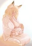  1boy 1girl animal_ear_fluff animal_ears baby bangs batta_(kanzume_quality) blonde_hair blunt_bangs blush breast_feeding breasts closed_eyes costume_request eyebrows_visible_through_hair fox_ears fox_girl fox_tail fox_wife_(batta_(kanzume_quality)) happy holding_baby large_breasts light long_hair long_sleeves mother_and_child mother_and_son open_clothes original seiza shiny shiny_hair sidelighting simple_background sitting smile tail wavy_hair white_background 
