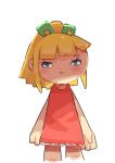  1girl arms_at_sides bangs blonde_hair blue_eyes blush blush_stickers child closed_mouth cropped_legs dress expressionless flat_chest frilled_dress frills green_ribbon hair_ribbon long_hair looking_at_viewer ponytail red_dress ribbon rockman rockman_(classic) roll_(rockman) sidelocks simple_background sleeveless sleeveless_dress solo sp_(sweet_potato) standing straight-on tied_hair white_background 
