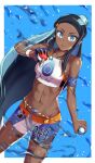  1girl abs absurdres armlet bare_shoulders belly_chain bike_shorts black_hair blue_background blue_eyes blue_eyeshadow blue_hair blush breasts closed_mouth collarbone commentary_request cowboy_shot dark_skin dark_skinned_female dive_ball dutch_angle dynamax_band earrings eyeshadow glint gloves groin gym_leader hair_bun half_gloves highres holding holding_poke_ball hoop_earrings jewelry long_hair looking_at_viewer makeup medium_breasts midriff multicolored_hair navel necklace nessa_(pokemon) number poke_ball poke_ball_(basic) pokemon pokemon_(game) pokemon_swsh sidelocks simple_background single_glove smile solo standing swimsuit tankini toin_(koto54576897) two-tone_hair water 