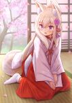  1girl animal_ear_fluff animal_ears bangs blush cherry_blossoms commentary_request eyebrows_visible_through_hair flower folded_ponytail fox_ears fox_girl fox_tail hair_between_eyes hair_flower hair_ornament hakama highres indoors iroha_(iroha_matsurika) japanese_clothes kimono koyoi_(iroha_(iroha_matsurika)) long_hair long_sleeves looking_away looking_to_the_side miko no_shoes open_mouth original petals pink_flower purple_eyes purple_flower red_hakama sitting sleeves_past_wrists socks solo tabi tail tree very_long_hair wariza white_hair white_kimono white_legwear wide_sleeves 