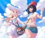  2girls :d absurdres bag beanie black_eyes black_hair blonde_hair blue_sky braid cloud dress floral_print green_eyes green_shorts hat highres holding_hands lillie_(pokemon) long_hair looking_at_another mizuumi_(bb) multiple_girls open_mouth pokemon pokemon_(game) pokemon_sm print_shirt red_headwear selene_(pokemon) shirt shorts sky sleeveless sleeveless_dress smile thighs tied_shirt twin_braids white_dress white_headwear yellow_shirt 