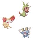  :d absurdres arms_up blush chespin closed_eyes creature fennekin froakie gen_6_pokemon green_eyes highres looking_back no_humans odd_(hin_yari) open_mouth orange_eyes pokemon pokemon_(creature) simple_background smile starter_pokemon_trio toes tongue white_background 