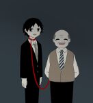  2boys :d arms_behind_back avogado6 bags_under_eyes bald belt_collar black_eyes black_hair black_jacket black_pants boss brown_vest closed_eyes collar collared_shirt commentary_request facing_viewer grey_background grey_hair grey_neckwear holding holding_leash jacket leash male_focus multiple_boys necktie open_mouth original pants red_collar shirt smile symbolism vest wing_collar 