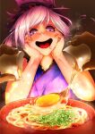  1girl bowl egg eggshell fate/grand_order fate_(series) food glowing hands_on_own_face koyubi_(littlefinger1988) miyamoto_musashi_(fate) noodles pink_hair saliva smile wide-eyed 
