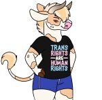  2019 anthony_(goldiescales) anthro black_clothing black_shirt black_topwear blue_bottomwear blue_clothing blue_shorts bottomwear bovid bovine cattle clothing goldiescales horn lgbt_pride male mammal pink_nose red_eyes shirt shorts solo standing text text_on_clothing topwear trans_(lore) trans_man_(lore) 