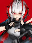  1girl :p absurdres arknights bangs black_gloves black_scarf breasts detonator eyebrows_visible_through_hair fingerless_gloves gloves highres holding horns looking_at_viewer medium_breasts one-hour_drawing_challenge red_background red_eyes scarf short_hair simple_background smile solo tab_head tongue tongue_out w_(arknights) white_hair 
