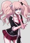  1girl :d absurdres bear_hair_ornament black_nails black_neckwear black_shirt blonde_hair blue_eyes bow bra breasts cleavage collarbone commentary_request contrapposto cowboy_shot danchu_(danchu0628) danganronpa:_trigger_happy_havoc danganronpa_(series) enoshima_junko hair_ornament hand_on_own_chin hand_up highres leaning_forward long_hair looking_at_viewer miniskirt nail_polish necktie open_mouth pink_hair plaid plaid_skirt pleated_skirt red_bow red_bra red_skirt school_uniform shiny shiny_hair shirt simple_background skirt sleeves_rolled_up smile solo twintails underwear upper_teeth white_neckwear 