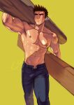  1boy abs armpits bara biceps brown_hair carrying_over_shoulder denim feet_out_of_frame highres jeans large_pectorals male_focus mocucumo muscular muscular_male navel nipples open_pants original pants shirtless short_hair sideburns smile solo stomach sweat thick_eyebrows thighs 