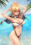  1girl armpits arms_behind_head arms_up bangs beach black_swimsuit blonde_hair blue_eyes blue_sky blush breasts capelet center_opening cleavage detached_collar genshin_impact highleg highleg_swimsuit highres jean_gunnhildr_(genshin_impact) large_breasts long_hair navel pantheon_eve sidelocks sky smile sparkle swimsuit two-tone_swimsuit wet white_swimsuit 