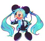  1boy animal_ears aqua_hair black_skirt black_sleeves blue_eyes blue_neckwear boots commentary cosplay detached_sleeves disney full_body girly_boy gloves hair_ornament hatsune_miku hatsune_miku_(cosplay) high_heels leaning_forward long_hair looking_at_viewer mickey_mouse mouse_boy mouse_ears mouse_tail necktie open_mouth rainbow_outline simple_background skirt solo strwbwwymlk tail thigh_boots thighhighs transparent_background twintails two-tone_background very_long_hair vocaloid white_background white_gloves 