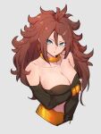  1girl android_21 bare_shoulders blue_eyes bracelet breasts choker cleavage closed_mouth collarbone dragon_ball dragon_ball_fighterz earrings grey_background hoop_earrings jewelry kemachiku large_breasts long_hair looking_at_viewer majin_android_21 red_hair simple_background solo upper_body yellow_choker 