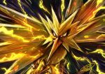  beak bird black_eyes closed_mouth commentary_request electricity emphasis_lines gen_1_pokemon kaosu_(kaosu0905) legendary_pokemon looking_to_the_side no_humans pokemon pokemon_(creature) signature solo talons zapdos 