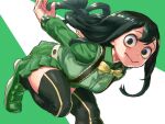 1girl 4o080_yotabnc :&gt; asui_tsuyu boku_no_hero_academia bow bow_by_hair bowtie breasts commentary_request green_background green_footwear green_hair green_skirt hair_between_eyes hair_rings highres long_hair low-tied_long_hair medium_breasts pleated_skirt skirt solo suspender_skirt suspenders thighhighs white_background yellow_neckwear 