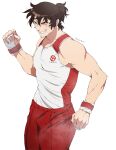  1boy aragaki_jotaro black_hair clenched_hand closed_eyes facial_hair gym_uniform highres male_focus pants red_pants shirt signature simple_background smile standing stubble taiso_samurai tetsu_(teppei) toned toned_male white_background white_shirt wristband 