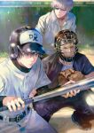  3boys absurdres bangs baseball_bat baseball_helmet baseball_mitt baseball_uniform belt black_belt black_eyes black_footwear black_hair black_pants black_shirt closed_mouth collared_shirt cowboy_shot day facing_another full_body fushiguro_megumi gojou_satoru helmet highres holding holding_baseball_bat jujutsu_kaisen kyuuba_melo long_sleeves looking_away male_focus multiple_boys outdoors pants shirt shoes short_sleeves sportswear squatting sunglasses toudou_aoi_(jujutsu_kaisen) white_hair white_pants white_shirt 