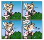  2019 anthony_(goldiescales) anthro apron black_eyes bovid bovine cattle clothed clothing comic detailed_background dialogue eating english_text flower goldiescales green_apron hat headgear headwear horn mammal outside pink_clothing pink_nose pink_shirt pink_topwear plant shirt shrub speech_bubble text topwear trans_(lore) trans_man_(lore) 