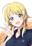  1girl blonde_hair blue_eyes blush character_request commentary_request copyright_request eyelashes hair_ornament hairclip happy light_blush long_hair looking_at_viewer open_mouth shirt sketch smile solo tsukikage_oyama twintails 