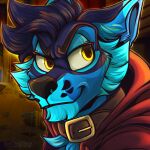  anthro blue_body blue_fur canid canine canis clothed clothing collar detailed_background domestic_dog fur headtuft hi_res hoodie hybrid loublue male mammal night riptide smile topwear unnatural_colors wolf yellow_eyes 