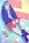  1boy blue_eyes blue_footwear blue_hair blue_shirt copyright_name digital_media_player earbuds earphones full_body hair_between_eyes highres hood hood_down indoors jacket leonardo_(taiso_samurai) red_shorts shirt shoes shorts sitting sneakers solo taiso_samurai tetsu_(teppei) 