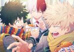  3boys bakugou_katsuki bangs black_eyes black_hair blazer blonde_hair blue_eyes boku_no_hero_academia burn_scar chewing cup drinking_straw food grey_eyes grey_jacket hair_between_eyes hamburger heterochromia highres holding holding_cup holding_food jacket long_sleeves looking_at_another male_focus midoriya_izuku multicolored_hair multicolored_neckwear multiple_boys necktie open_mouth profile red_eyes red_hair red_neckwear scar scarf school_uniform short_hair smile spiked_hair teeth todoroki_shouto tsuu_(tu-3) two-tone_hair upper_body white_hair yellow_neckwear 