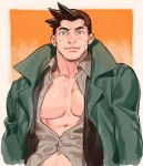  1boy abs bandaid bandaid_on_cheek bara bare_pecs blush chest_hair coat facial_hair green_coat gyakuten_saiban highres itonokogiri_keisuke large_pectorals male_focus mature_male midriff_peek muscular muscular_male navel navel_hair nipples nitako open_clothes open_shirt short_hair smile solo spiked_hair stubble upper_body 