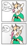  2019 anthony_(goldiescales) anthro bovid bovine cattle clothing comic dialogue english_text goldiescales green_clothing green_shirt green_topwear hair horn male mammal pink_nose pink_tongue shirt solo speech_bubble text tongue tongue_out topwear trans_(lore) trans_man_(lore) 