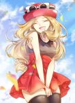  1girl bare_arms blonde_hair blurry breasts brown_legwear closed_eyes cloud commentary day eyelashes eyewear_on_headwear hands_together hat highres long_hair open_mouth outdoors pleated_skirt pokemon pokemon_(game) pokemon_xy red_skirt serena_(pokemon) shirt skirt sky sleeveless sleeveless_shirt smile solo sunglasses thighhighs tongue yomogi_(black-elf) |d 