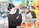  1girl 6+boys :d ^_^ animal_ears arms_up bangs black_eyes black_footwear black_hair black_pants black_shirt blonde_hair blue_pants blue_shorts chair closed_eyes closed_mouth covering_mouth crossed_arms cst cup day disney disneyland dog_ears drinking_straw food french_fries fushiguro_megumi getou_suguru gojou_satoru grey_hair hamburger hanami_(jujutsu_kaisen) hand_over_own_mouth highres holding holding_food inumaki_toge itadori_yuuji jogo_(jujutsu_kaisen) jujutsu_kaisen kugisaki_nobara long_hair long_sleeves mahito_(jujutsu_kaisen) male_focus mickey_mouse_ears monster multiple_boys nanami_kento one-eyed open_mouth outdoors panda_(jujutsu_kaisen) pants pooh profile shirt shorts silver_hair sitting smile squatting standing table upper_body white_headwear white_shirt wide_sleeves winnie_the_pooh 