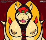  absurd_res anthro armpit_hair body_hair bowser breasts clothing digital_media_(artwork) hair hi_res horn koopa looking_at_viewer male mammal mario_bros muscular muscular_anthro muscular_male nintendo nipple_piercing nipples open_mouth piercing scalie simple_background solo spaca text url video_games 